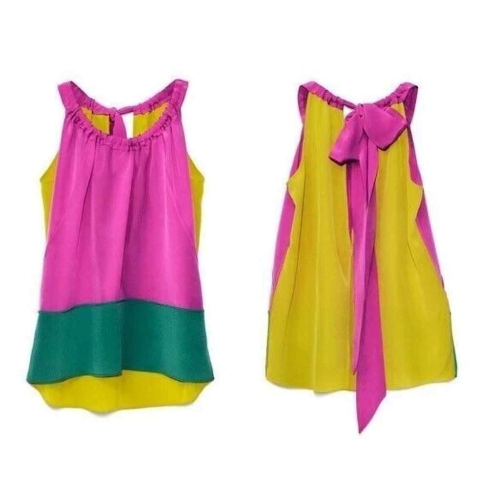 Marni for H&M %100 Silk Colorblock Top Sleeveless Bow Back Yellow Pink Size 8